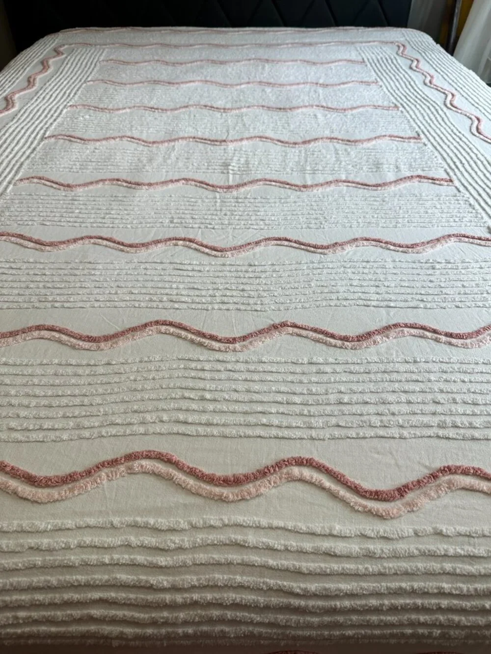 Vintage Chenille Bedspread White Pink Cover 100” x 71